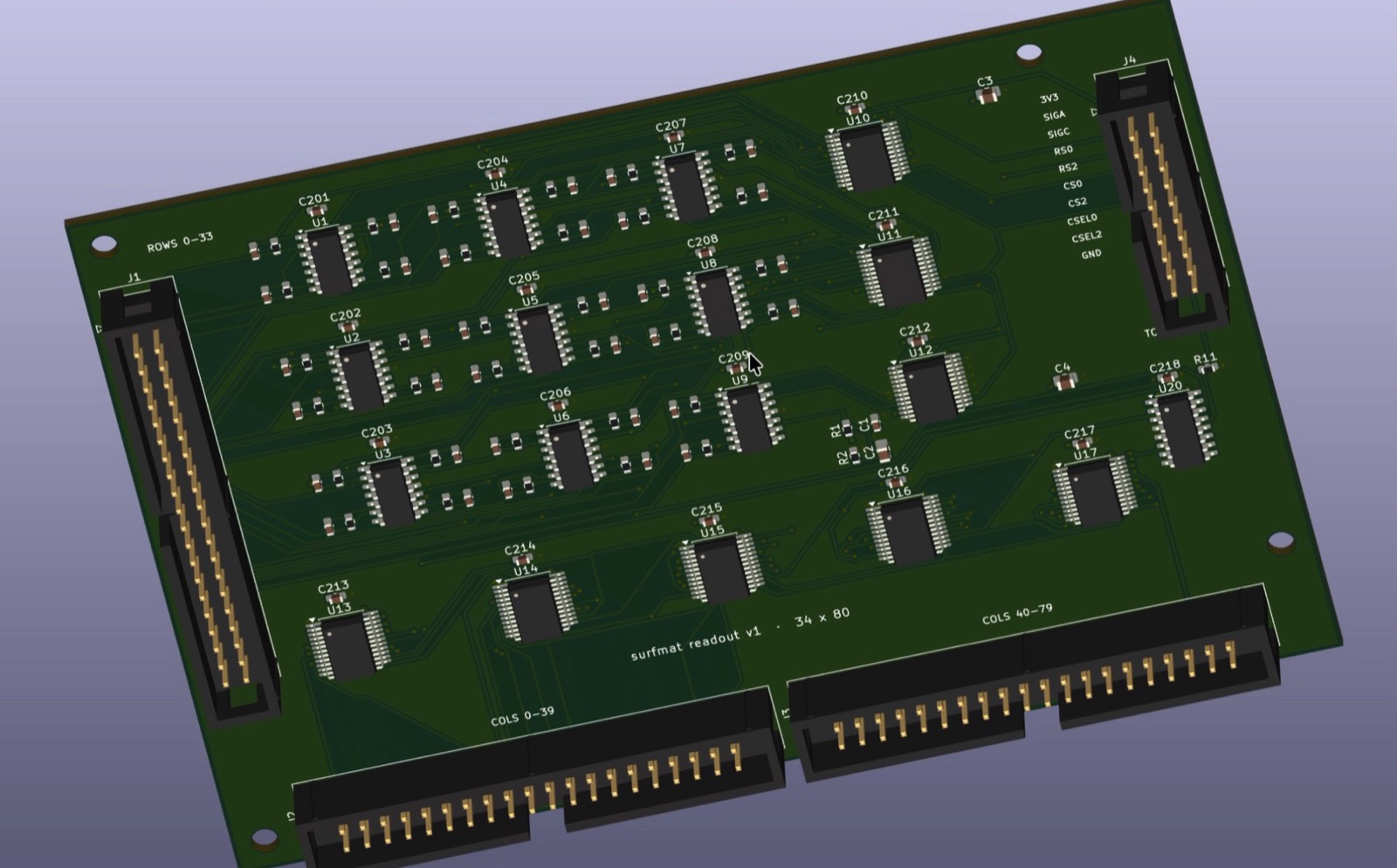 3D render of the surfmat readout board with row and column connectors