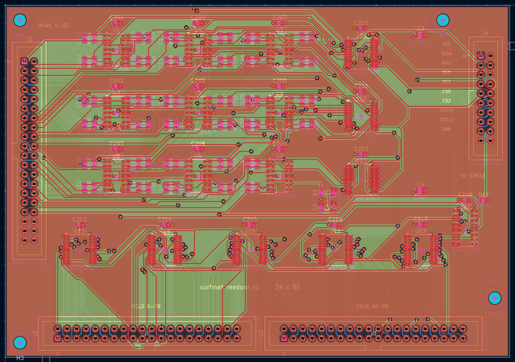 Full readout board layout in KiCad, front copper: row connector on the left, column connectors along the bottom, STM32 connector on the right